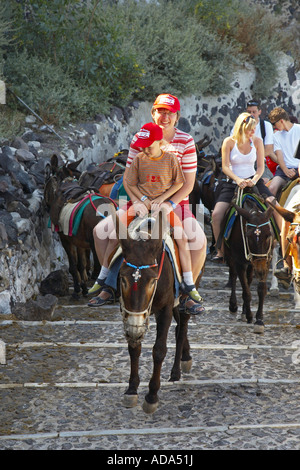 tourists riding on a donkey, Greece, Santorin, Thira Stock Photo