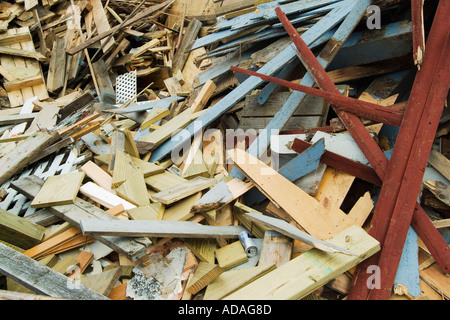 A pile of wood scraps awaits recycling Stock Photo