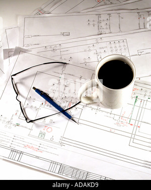 Piping and Instrument Diagram Cup of Black Coffee Mechanical Pencil Reading Glasses Stock Photo