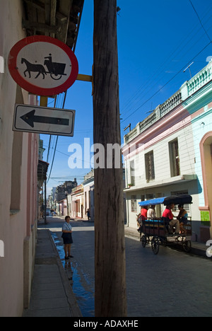 One way street and a horse cart restriction sign Santa Clara Cuba Stock Photo