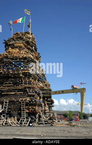 Bonfire in East Belfast with Harland and Wolff crane in the background Stock Photo