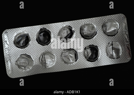 Empty Foil Blister Pack for Pills Against a Black Background Stock Photo
