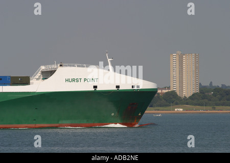 The bow of a large container ship leaving Southampton Water Stock Photo