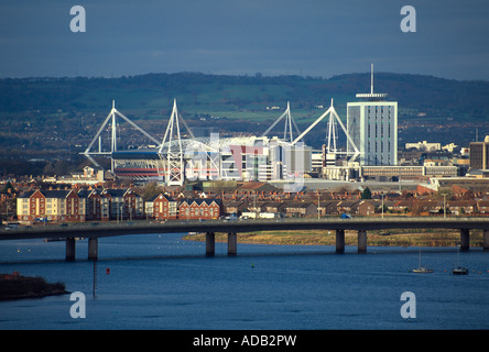 cardiff millenium rugby football stadium cardiff across cardiff bay view from penarth wales uk gb Stock Photo