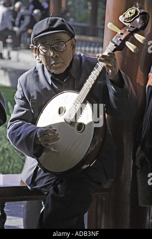 CHINA BEIJING Elderly Chinese gentleman playing the four stringed pipa at the Temple of Heaven Park Stock Photo