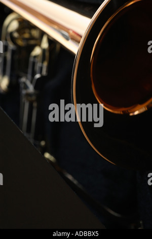 Musical instruments: Close-up of red-brass flugel horn in black leather case. Stock Photo