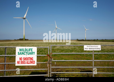 3 wind turbines on wind farm against blue cloudy sky and green clover fields with padlocked gate wildlife bird sanctuary signs Stock Photo