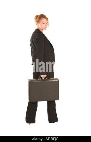 Blonde business lady in formal black suit Holding a black leather suitcase Stock Photo