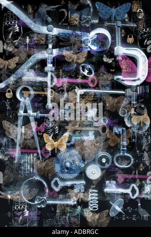 Small objects, bugs, keys and tools create a pattern on a Black background. Science discovery and mystery concept Stock Photo