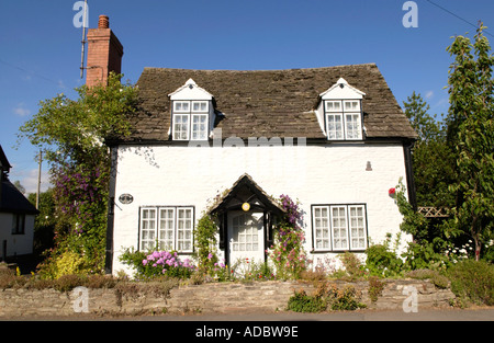 Detached cottage with roses around the door in the picturesque black and white village of Eardisley Herefordshire England UK Stock Photo