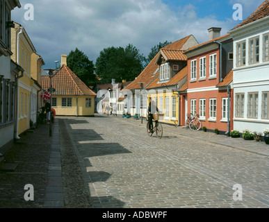 Colourful houses on Hans Jensens Stræde (Hans Christian Anderson area), Odense, Fyn (Funen), Denmark. Stock Photo