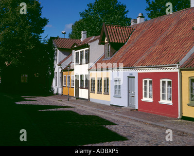 Colourful houses on Hans Jensens Stræde (Hans Christian Anderson area), Odense, Fyn (Funen), Denmark. Stock Photo