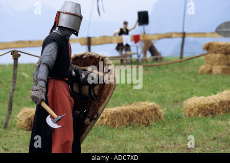 A knights fight at the traditional historic recall of the Middle Ages, Sale Marasino, Italy Stock Photo
