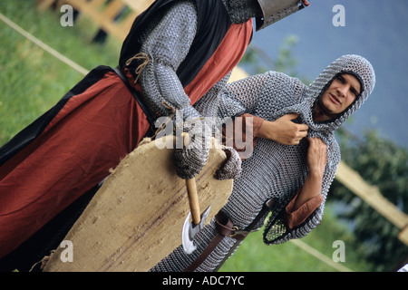 Knights fight at the traditional historic recall of the Middle Ages, Sale Marasino, Italy Stock Photo