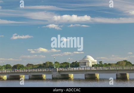Jefferson Memorial and Arlington Memorial Bridge at dusk, beautifully reflecting in the calm waters of the Potomac River in Washington, D.C., USA. Stock Photo