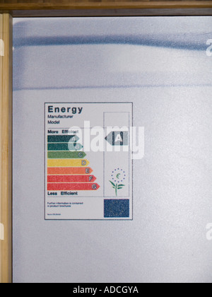 Label on refrigerator showing energy efficiency level A. Stock Photo