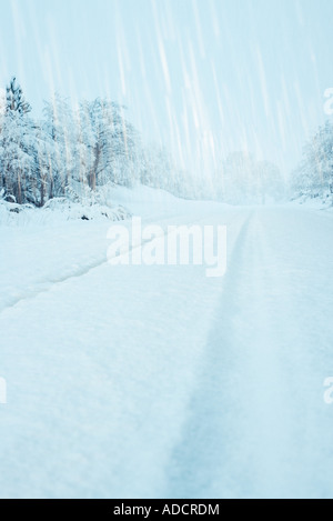 Snow falling over snow covered road Stock Photo