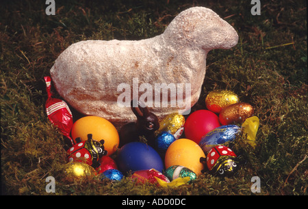 easter lamb cake and colored eggs traditional cake Stock Photo