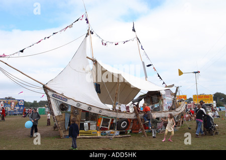 The Big Green Gathering festival in Somerset a model junk boat made from old waste materials Stock Photo