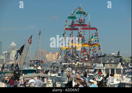 Gasparilla Pirate ship makes it way into Downtown Tampa through Channel for Gasparilla parade and celebration Stock Photo