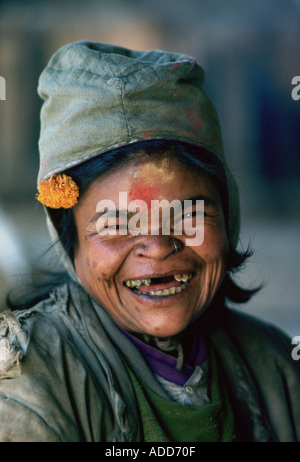 Holy woman laughing at Pashupatinath Hindu Temple in Nepal Stock Photo