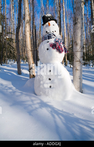 Snowman in top hat scarf deep in birch forest interior Alaska Winter Stock Photo