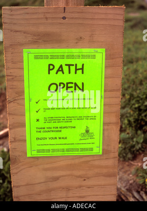 Sign in the countryside that announces the path is open after the foot and mouth outbreak, Cornwall, UK Stock Photo