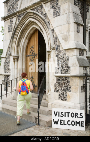 Visitors welcome sign outside Saint Albans Anglican Church, Copenhagen, Denmark. Stock Photo