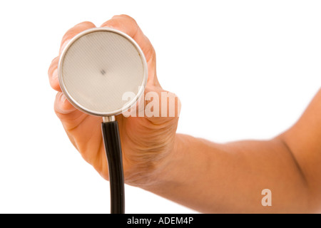 Female doctor's hand holding the chest piece of a stethoscope towards a patient. Isolated on white Stock Photo
