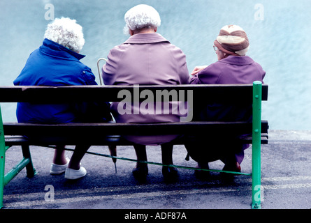 Three happy retired women relax on public bench.   Old and mature ladies sit on park bench enjoying the afternoon talking. Silver haired beauty! Stock Photo