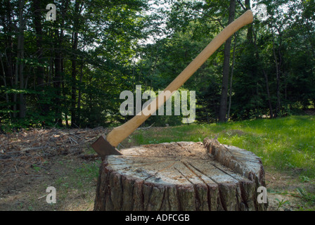 Axe embedded into an tree stump Stock Photo