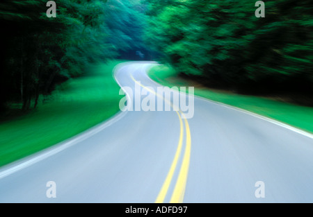 Blurred view of winding road through green woods Stock Photo