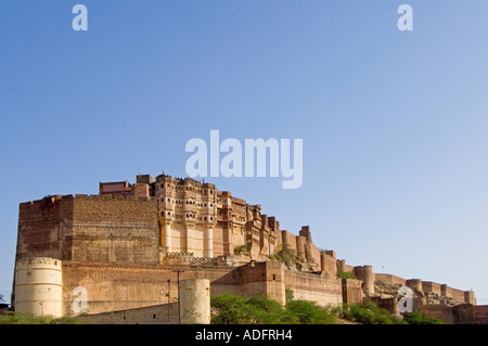 A wide angle view of the Mehrangarh Fort taken from close to the base of the fortification walls. Stock Photo