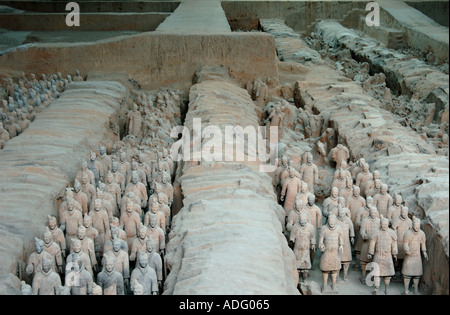 Rows of terracotta warriors in pit number one at the museum in Xian The areas at the far side are yet to be unearthed  Stock Photo