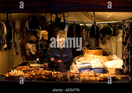 Europe Finland Helsinki The open air St Thomas Christmas Market on the Esplanadi wood horn and leather goods, St Thomas Christmas market Helsinki Stock Photo
