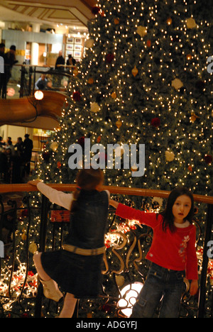 Young Girls Hanging on Railings in front of Christmas Tree at the Princes Square Shopping Centre, Glasgow. Scotland. December 06 Stock Photo