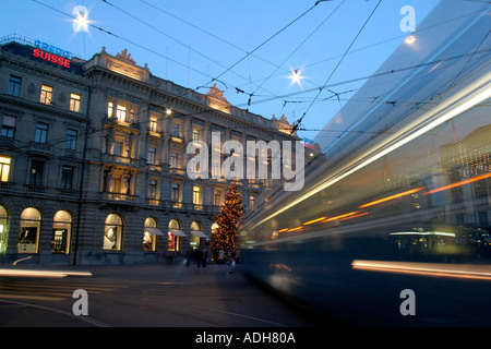 CHE Zurich Paradeplatz Credit Suisse Tram twilight Stock Photo