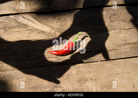Male hands shadow cast over wooden table as if holding a red pepper Stock Photo