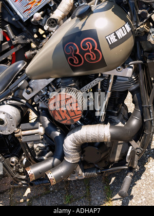 Detail of customized hotrod Harley Davidson motorcycle Breda the Netherlands Stock Photo