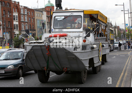 viking splash dukw tour vehicle driving over oconnell bridge in dublin with tourists on board Stock Photo