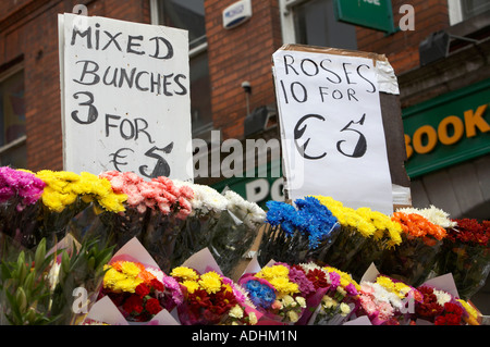 mixed bunches of flowers signs with bouquets of flowers 3 three for 5 five euro prices at outdoor market dublin Stock Photo