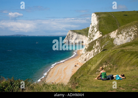 Coastal footpath at Durdle Door looking towards Bats Head and Swyre Head on sunny summers day Dorset England UK GB Stock Photo