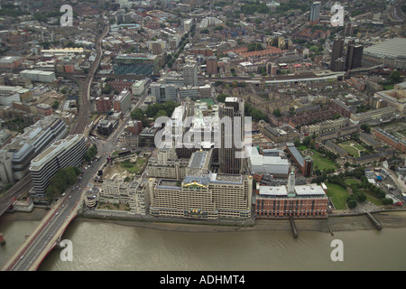 Aerial view of Sea Containers House, Kings Reach Tower and Oxo Tower Wharf on the South Bank of the Thames in London. Stock Photo