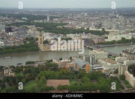 Aerial view of the Houses of Parliament and Whitehall looking over the River Thames and St Thomas' Hospital in London