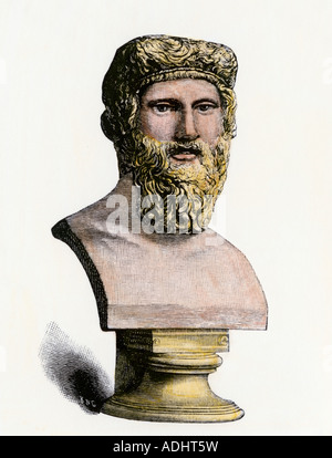 Bust of Plato. Hand-colored woodcut