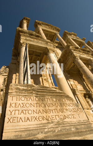 Library of Celsus at Ephesus, with Greek inscription, Turkey Stock Photo