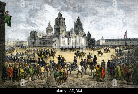 General Winfield Scott leads US forces into Mexico City to end the US Mexican War 1847. Hand-colored woodcut Stock Photo
