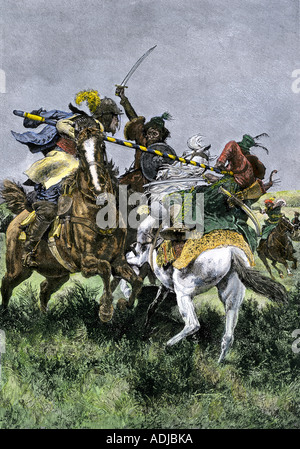 Skirmish between Russian and Swedish cavalry at the Battle of Poltava 1709. Hand-colored woodcut Stock Photo