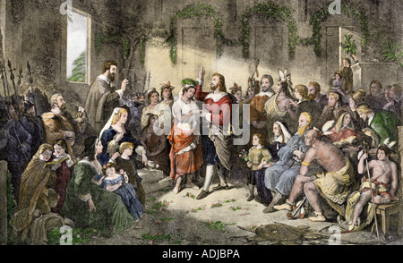 Marriage of  Powhatan princess Pocahontas to English colonist John Rolfe Jamestown Virginia. Hand-colored halftone of a Henry Breucker illustration Stock Photo