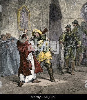 Tsar Peter the Great striking a priest in a monastery. Hand-colored woodcut Stock Photo